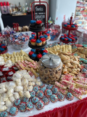 A cookie table with various kinds of cookies, like lady locks, cannolis, sugar cookies, and so much more, for my cousin’s extremely late graduation party.